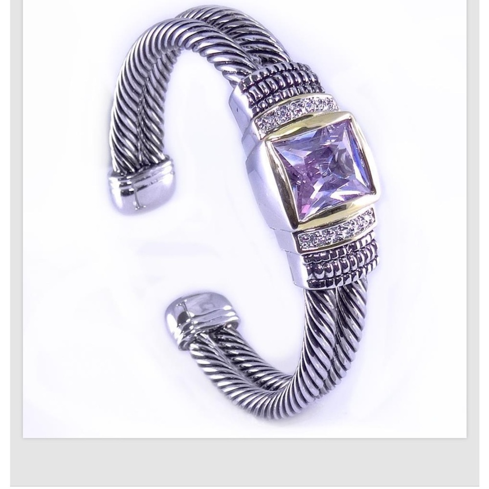 Lavender Gemstone CZ Crystal Silver Gold Cable Cuff Bracelet Designer